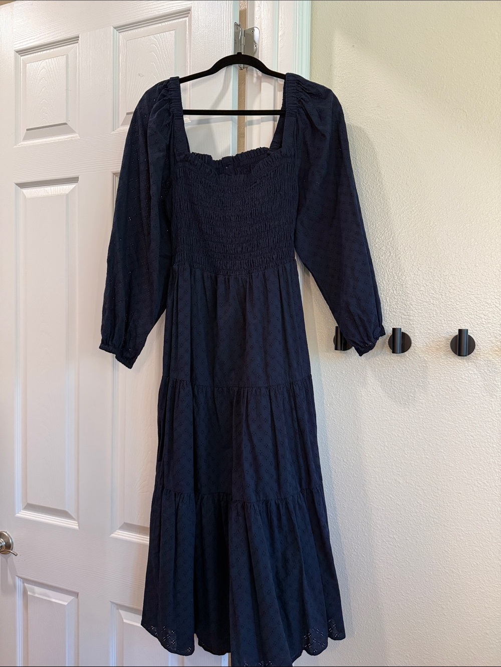 Madewell Navy Smocked Midi Dress with Puff Sleeves